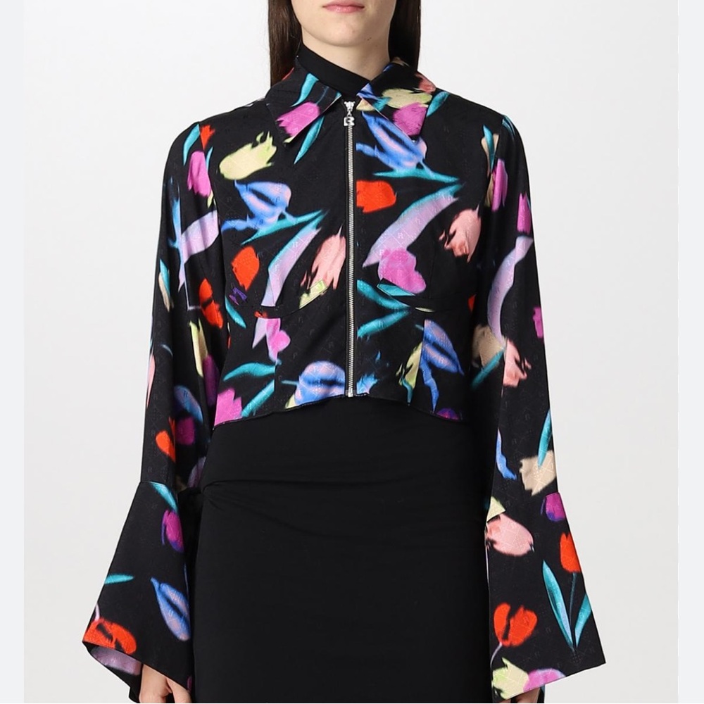 NWT ROTATE Agatha black floral print zip wide sleeve shirt, size EU 32/US 0